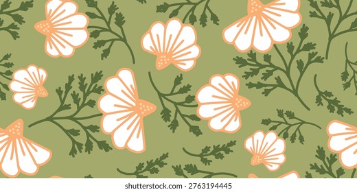 Retro Groovy floral seamless pattern with stylized daisies on green background for modern decor. Seamless groovy floral pattern with white daisies on olive green background. Retro style perfect for textile, wallpaper, and packaging.