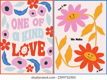 Retro groovy floral themed valentines day illustration in red and pink color. Artwork with love sayings perfect for greeting card, posters, postcards, banners, social media posts, T-shirt graphic.