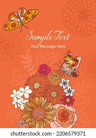 Retro Groovy Florals and Butterfly Vector Card Background