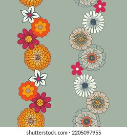 Retro Groovy Florals Vector Seamless Vertical Borders Set