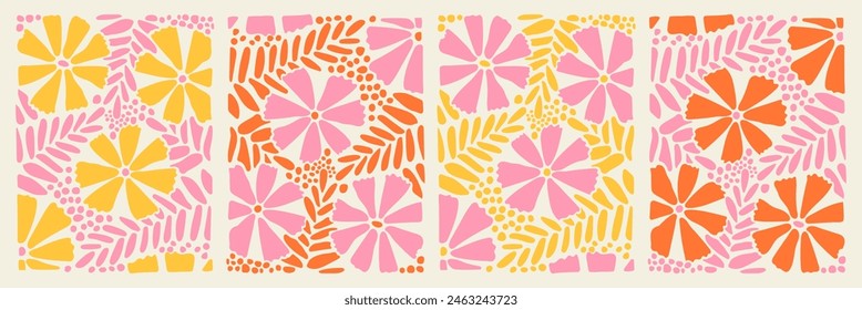 Retro Groovy Flower Background Set. Abstract Nature Pattern in Trendy 70s Style. Boho Colorful Groovy Psychedelic Vintage Background. Graphic Fun Hippie