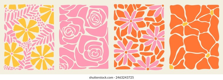 Conjunto de fondo de flores Groovy retro. Abstractas patrón de Naturaleza en estilo de los años 70. Boho Colorido Groovy Psicodélico Fondo De Antiguas. Diversión gráfica Hippie