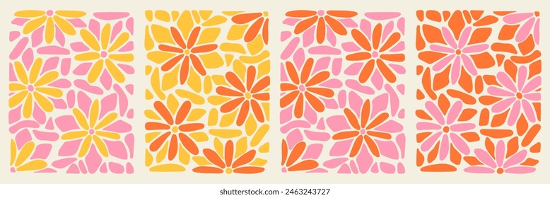 Retro Groovy Flower Background Set. Abstract Nature Pattern in Trendy 70s Style. Boho Colorful Groovy Psychedelic Vintage Background. Graphic Fun Hippie