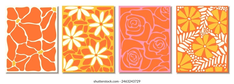 Retro Groovy Flower Background Set. Abstract Nature Pattern in Trendy 70s Style. Boho Colorful Groovy Psychedelic Vintage Background. Graphic Fun Hippie