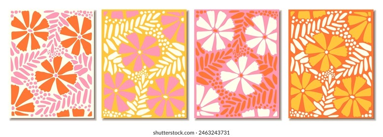 Retro Groovy Flower Background Set. Abstract Nature Pattern in Trendy 70s Style. Boho Colorful Groovy Psychedelic Vintage Background. Graphic Fun Hippie