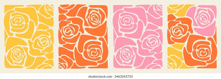 Retro Groovy Flower Background Set. Abstract Nature Pattern in Trendy 70s Style. Boho Colorful Groovy Psychedelic Vintage Background. Graphic Fun Hippie
