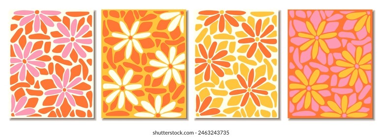 Conjunto de fondo de flores Groovy retro. Abstractas patrón de Naturaleza en estilo de los años 70. Boho Colorido Groovy Psicodélico Fondo De Antiguas. Diversión gráfica Hippie