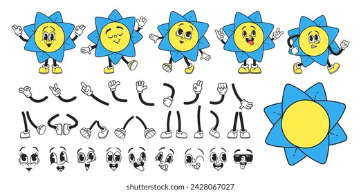 Retro Groovy Flower Character Builder. Vector Collection Of 70s-inspired Hippie Comic Expressions, Vector Illustration