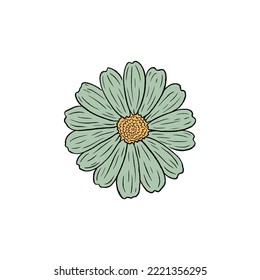 Retro Groovy Flower Daisy. Botanical vintage flower. Design for social media, packaging, Print on T-Shirts, Cards. Floral clipart inspired by 70s and Groovy Hippy. Doodle vector illustration isolated.