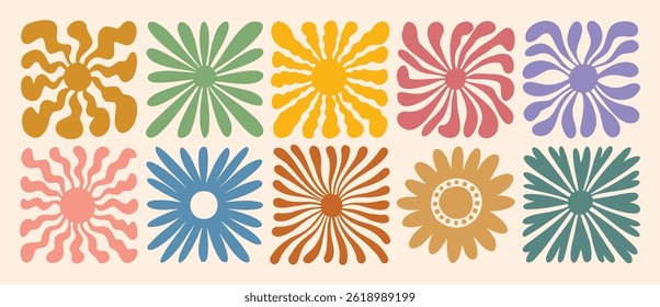 retro groovy flower daisy naive icon doodle hand drawn set. abstract wavy ray logo in trendy 70s style. boho colorful groovy sun psychedelic vintage background or summer poster. Vector illustration