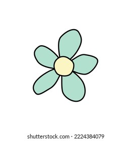 Retro Groovy Flower Element, Daisy flat icon in doodle style. Cute Hand Drawn Hippy Flower inspirited by 70s years. Vintage vector illustration isolated on white background. Floral for poster, print.