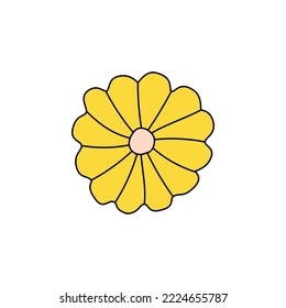 Retro Groovy Flower Element, Daisy flat icon in doodle style. Cute Hand Drawn Hippy Flower inspirited by 70s years. Vintage vector illustration isolated on white background. Floral for poster, print.