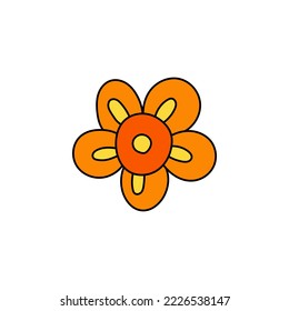 Retro Groovy Flower Element, Daisy flat icon in doodle style. Cute Hand Drawn Hippy Flower inspirited by 70s years. Vintage vector illustration isolated on white background. Floral for poster, print.