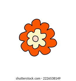 Retro Groovy Flower Element, Daisy flat icon in doodle style. Cute Hand Drawn Hippy Flower inspirited by 70s years. Vintage vector illustration isolated on white background. Floral for poster, print.