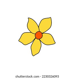 Retro Groovy Flower Element, Daisy flat icon in doodle style. Cute Hand Drawn Hippy Flower inspirited by 70s years. Vintage vector illustration isolated on white background. Floral for poster, print.