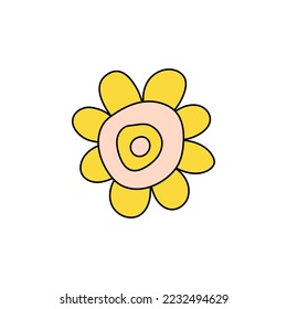 Retro Groovy Flower Element, Daisy flat icon in doodle style. Cute Hand Drawn Hippy Flower inspirited by 70s years. Vintage vector illustration isolated on white background. Floral for poster, print.