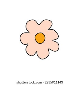 Retro Groovy Flower Element, Daisy flat icon in doodle style. Cute Hand Drawn Hippy Flower inspirited by 70s years. Vintage vector illustration isolated on white background. Floral for poster, print.