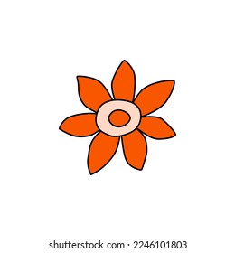 Retro Groovy Flower Element, Daisy flaches Symbol im Doodle-Stil. Von Hand gezeichnete Hippie-Blume, inspiriert durch 70er Jahre. Vintage, Vektorgrafik einzeln auf weißem Hintergrund. Blume für Poster, Druck.