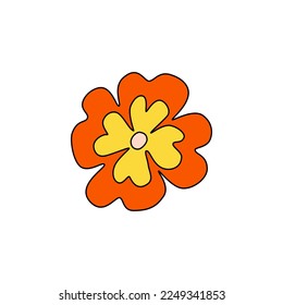 Retro Groovy Flower Element, Daisy flat icon in doodle style. Cute Hand Drawn Hippy Flower inspirited by 70s years. Vintage vector illustration isolated on white background. Floral for poster, print.