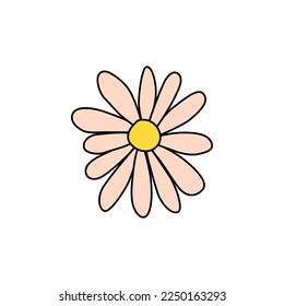 Retro Groovy Flower Element, Daisy flat icon in doodle style. Cute Hand Drawn Hippy Flower inspirited by 70s years. Vintage vector illustration isolated on white background. Floral for poster, print.