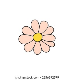 Retro Groovy Flower Element, Daisy flat icon in doodle style. Cute Hand Drawn Hippy Flower inspirited by 70s years. Vintage vector illustration isolated on white background. Floral for poster, print.