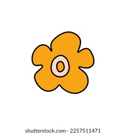 Retro Groovy Flower Element, Daisy flat icon in doodle style. Cute Hand Drawn Hippy Flower inspirited by 70s years. Vintage vector illustration isolated on white background. Floral for poster, print.