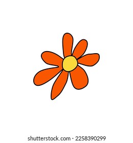 Elemento de flor de Groovy retro, icono plano de margarita en estilo doodle. Flor hippy de mano corta inspirada por 70 años. Ilustración vectorial vintage aislada en fondo blanco. Floral para afiche, impreso.