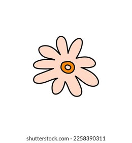 Elemento de flor de Groovy retro, icono plano de margarita en estilo doodle. Flor hippy de mano corta inspirada por 70 años. Ilustración vectorial vintage aislada en fondo blanco. Floral para afiche, impreso.