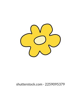 Retro Groovy Flower Element, Daisy flat icon in doodle style. Cute Hand Drawn Hippy Flower inspirited by 70s years. Vintage vector illustration isolated on white background. Floral for poster, print.