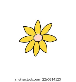 Retro Groovy Flower Element, Daisy flat icon in doodle style. Cute Hand Drawn Hippy Flower inspirited by 70s years. Vintage vector illustration isolated on white background. Floral for poster, print.