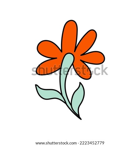 Retro Groovy Flower Element, Daisy flat icon in doodle style. Cute Hand Drawn Hippy Flower inspirited by 70s years. Vintage vector illustration isolated on white background. Floral for poster, print.