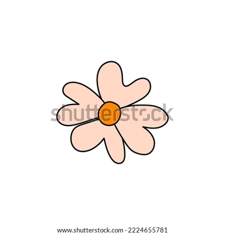 Retro Groovy Flower Element, Daisy flat icon in doodle style. Cute Hand Drawn Hippy Flower inspirited by 70s years. Vintage vector illustration isolated on white background. Floral for poster, print.
