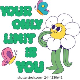 Retro groovy flower mascot character with quote