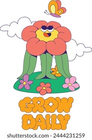 Retro groovy flower mascot character with quote