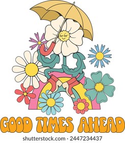 Retro groovy flower mascot character with quote