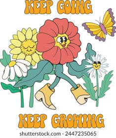 Retro groovy flower mascot character with quote