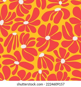 Retro groovy flower power background. Vintage 1970s floral seamless pattern. Hippie fun wallpaper. 1960s vector print for fabric, wrapping paper, stationery