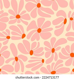 Retro groovy flower power background. Vintage 1970s floral seamless pattern. Hippie fun wallpaper. 1960s vector print for fabric, wrapping paper, stationery