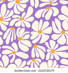 Retro groovy flower power background. Vintage 1970s floral seamless pattern. Hippie fun wallpaper. 1960s vector print for fabric, wrapping paper, stationery