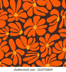Retro groovy flower power background. Vintage 1970s floral seamless pattern. Hippie fun wallpaper. 1960s vector print for fabric, wrapping paper, stationery