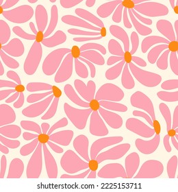 Retro groovy flower power background. Vintage 1970s floral seamless pattern. Hippie fun wallpaper. 1960s vector print for fabric, wrapping paper, stationery