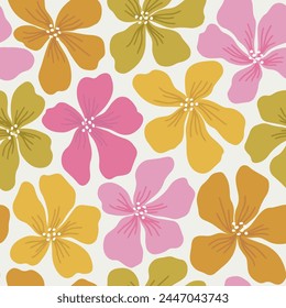 Retro groovy Blume Power Hintergrund. Klassisches florales nahtloses Muster der 1970er Jahre. Hippie-Spaß-Bildschirmhintergrund. 1960er Jahre Vektorgrafik Print für Stoff, Einwickelpapier, Briefpapier