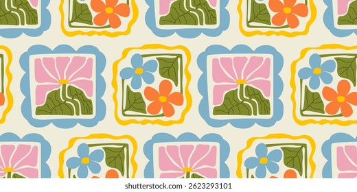 Retro groovy flower power background. Vintage 1970s floral seamless pattern. Hippie fun wallpaper. 1960s vector print for fabric, wrapping paper, stationery