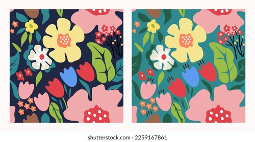 Patrón retro groovy de poder floral en diferentes orígenes. Vintage fondo floral de los años 70. Diseño hippie para papel de pared, papel envolvente, superficie, tela, papel. Ilustración vectorial sin problemas.