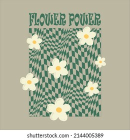 Retro groovy flower power slogan print with daisy illustration and check background for girl - kids graphic tee t shirt or poster - Vector