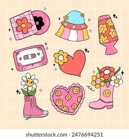 Retro groovy Blume Power Vintage 90er Jahre Artikel mit Blume Kollektion Doodle Line Zeichnung