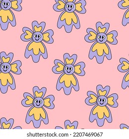 Retro groovy flower seamless pattern. Funny girlish floral seamless background. Romantic greeting card, apparel, textile repeat vector illustration
