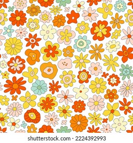 Retro Groovy Flower Seamless Pattern. Fun Hippy 70s background with drawing daisy. Cute vector repeat pattern for Print, Fashion fabrics, Wrapping Paper, Wallpaper. Modern simple illustration flowers.