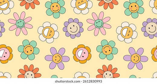 Retro groovy flower seamless pattern. Cartoon flowers set with different faces. Hippie flowers. Retro 70s banner. Psychedelic groovy background