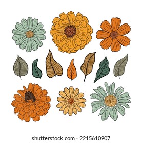 Retro Groovy Flower Set. Botanical vintage collection. Design for social media, packaging, Print on T-Shirts, Cards. Floral cliparts inspired by 70s Groovy Hippy. Doodle vector illustration isolated.